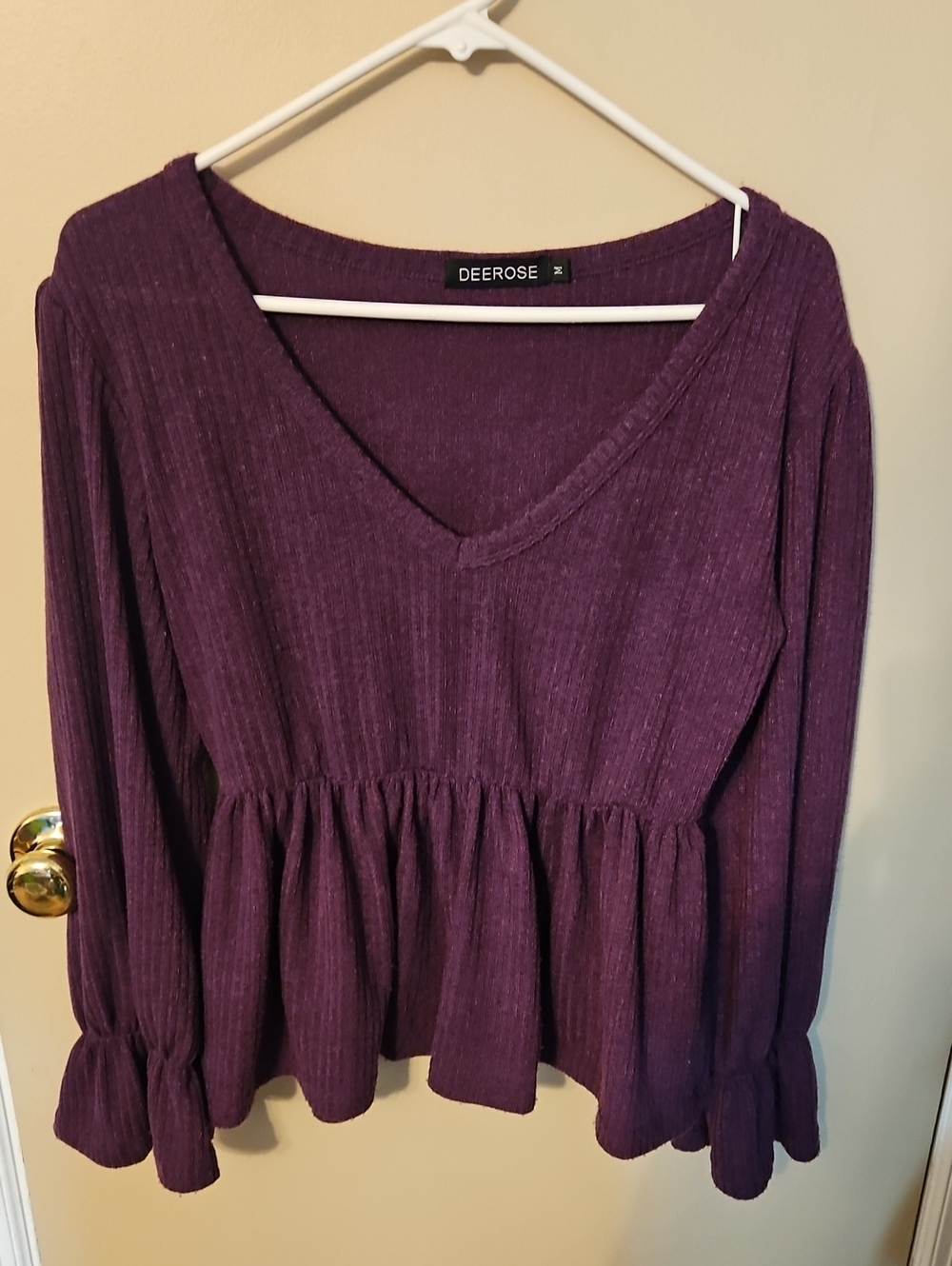 Purple V-Neck Peplum Long-Sleeve Top